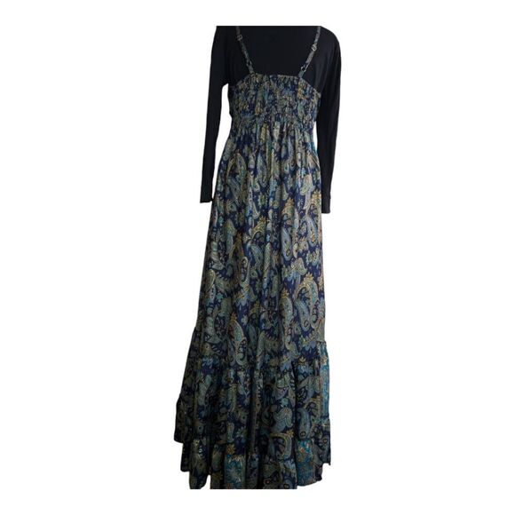 Stunning Blue Vintage silk maxi bohemian dress parsley print size M - Picture 4 of 10